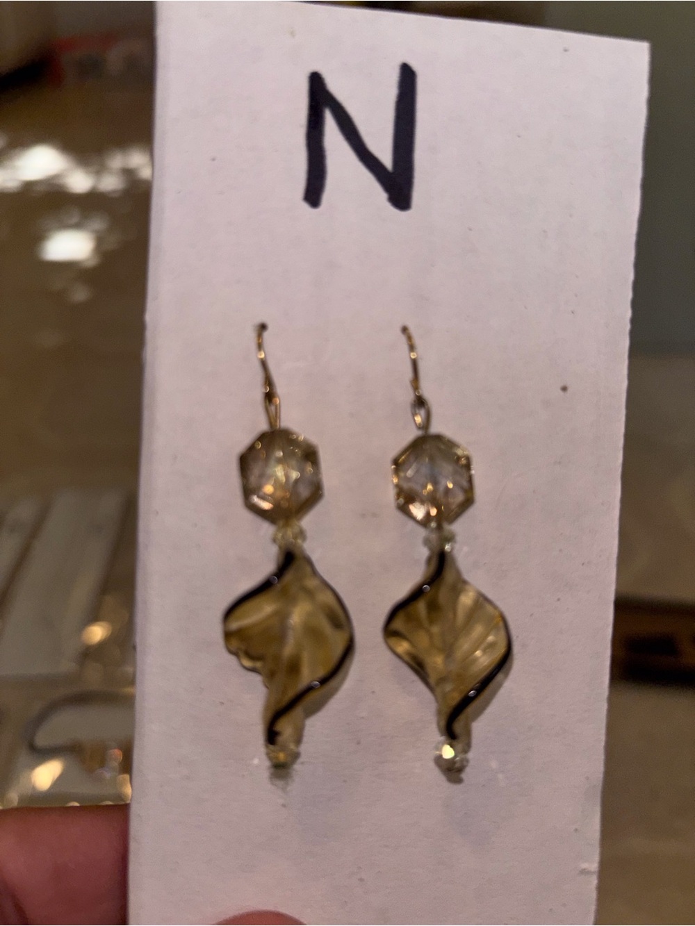 Gold-Tone Leaf Glass Drop Earrings with Faceted Crystal Accent
